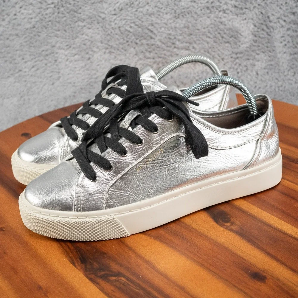 ALLSAINTS Shana Metallic Silver Low Top Shoes Trainers Sneaker Sz 10 Lace Up